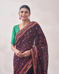 Mohey Women Dark Blue Floral Embroidered Saree