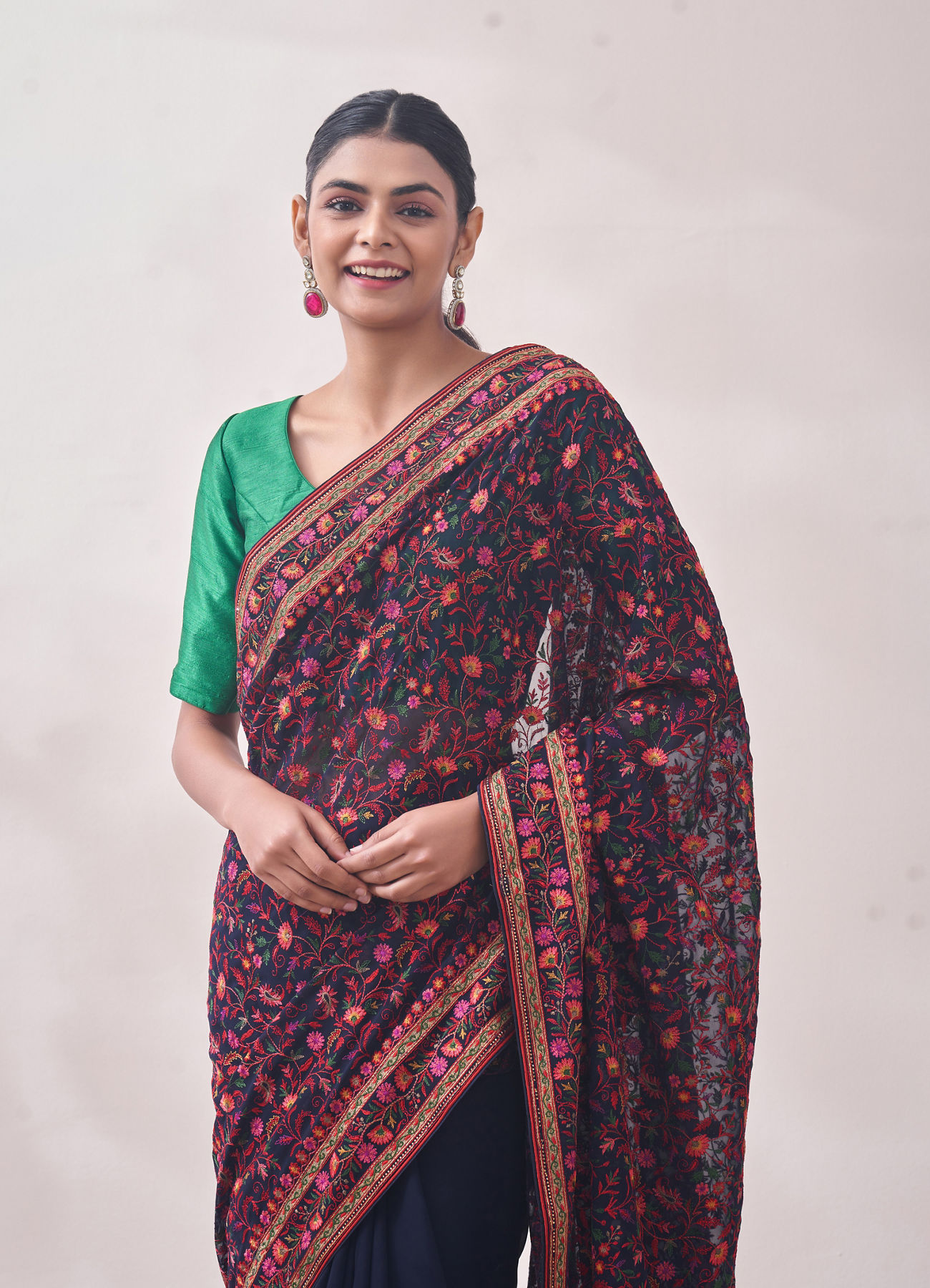 Mohey Women Dark Blue Floral Embroidered Saree