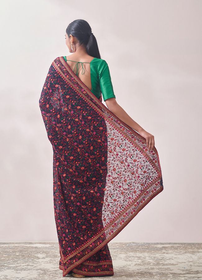 Mohey Women Dark Blue Floral Embroidered Saree