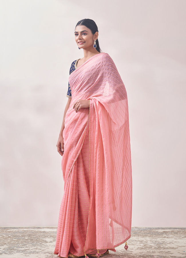 Mohey Women Pink with Golden Motif Patterned Saree