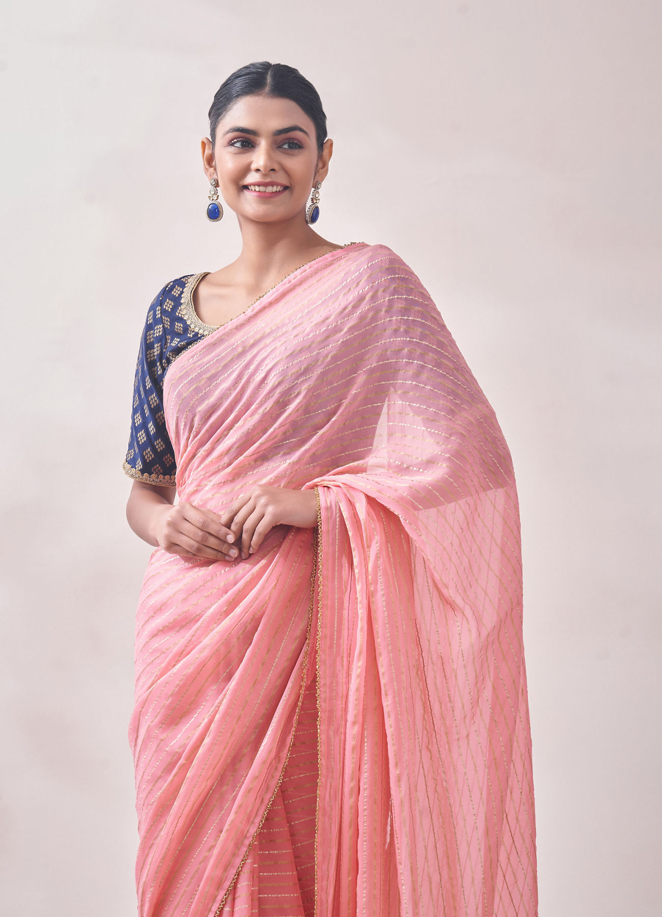 Mohey Women Pink with Golden Motif Patterned Saree