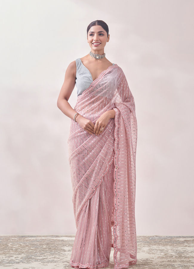 alt message - Mohey Women Aqua Pink Patterned Saree image number 0