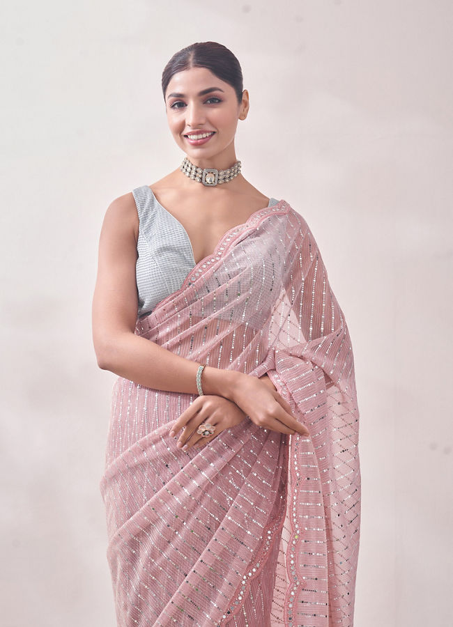 alt message - Mohey Women Aqua Pink Patterned Saree image number 1