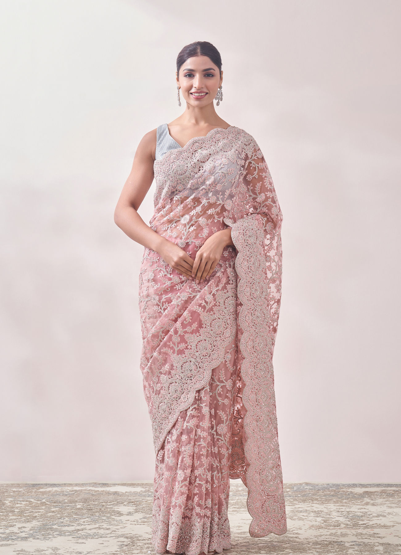 Mohey Women Blush Pink Zari Embroidered Saree