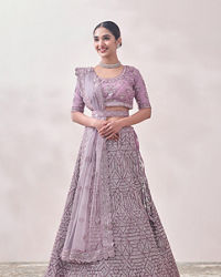 Mohey Women Mauve Shadow Purple Geometric Patterned Bridal Lehenga