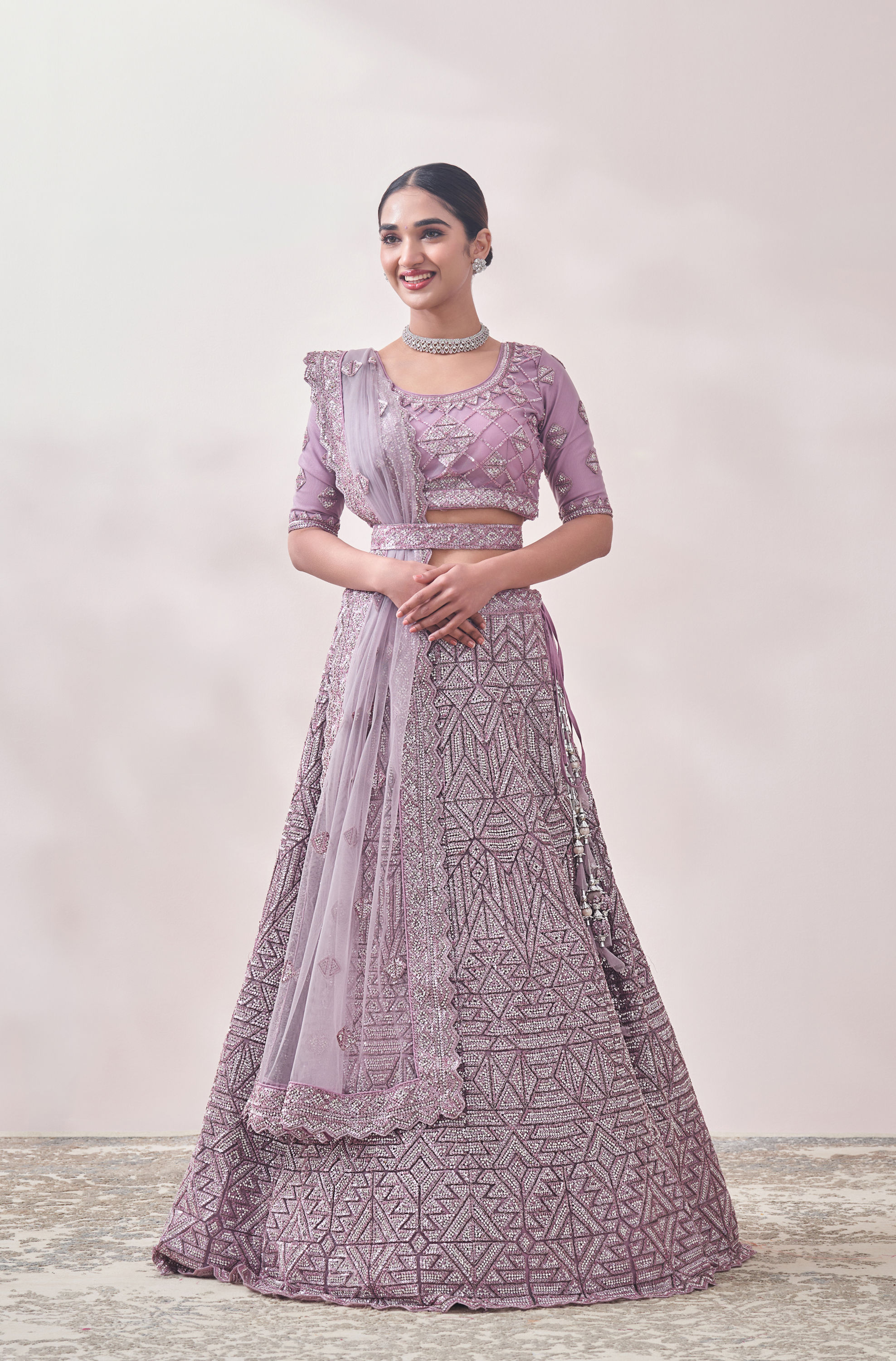 Mohey Women Mauve Shadow Purple Geometric Patterned Bridal Lehenga