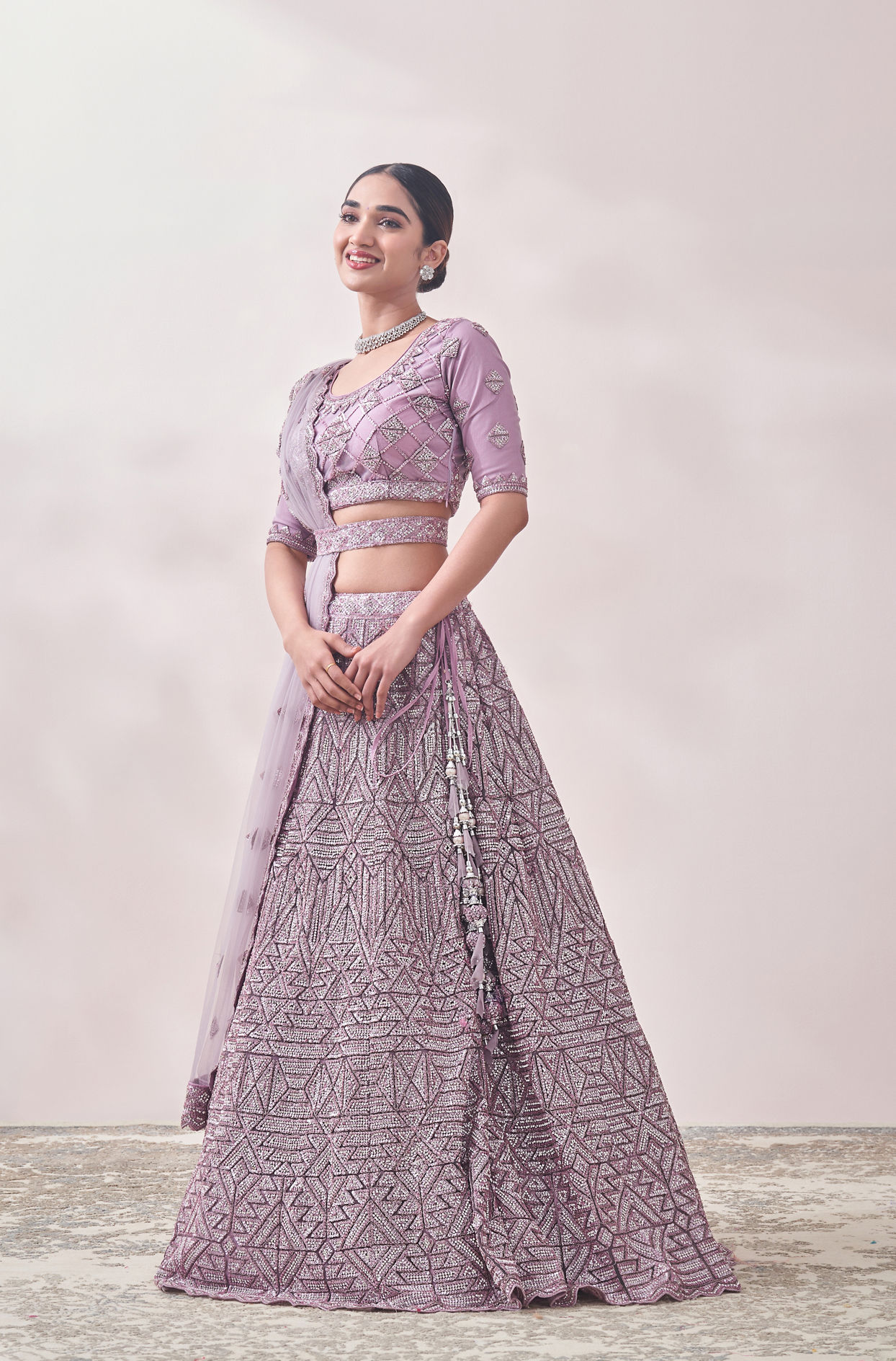 Mohey Women Mauve Shadow Purple Geometric Patterned Bridal Lehenga