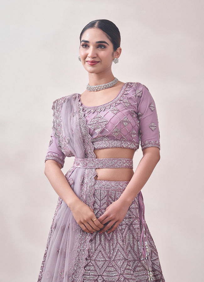 Mauve Shadow Purple Geometric Patterned Bridal Lehenga image number 1