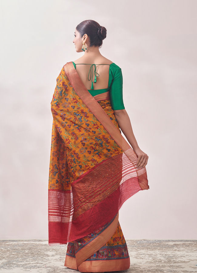 Mohey Women Yellow Patterned Saree