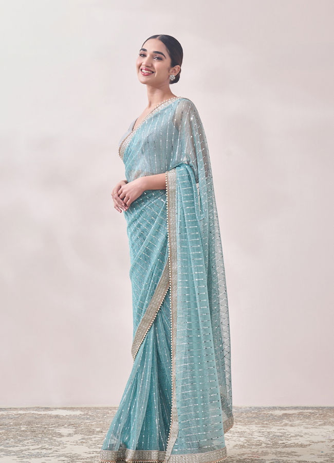 Aqua Blue Mirror work Saree image number 3