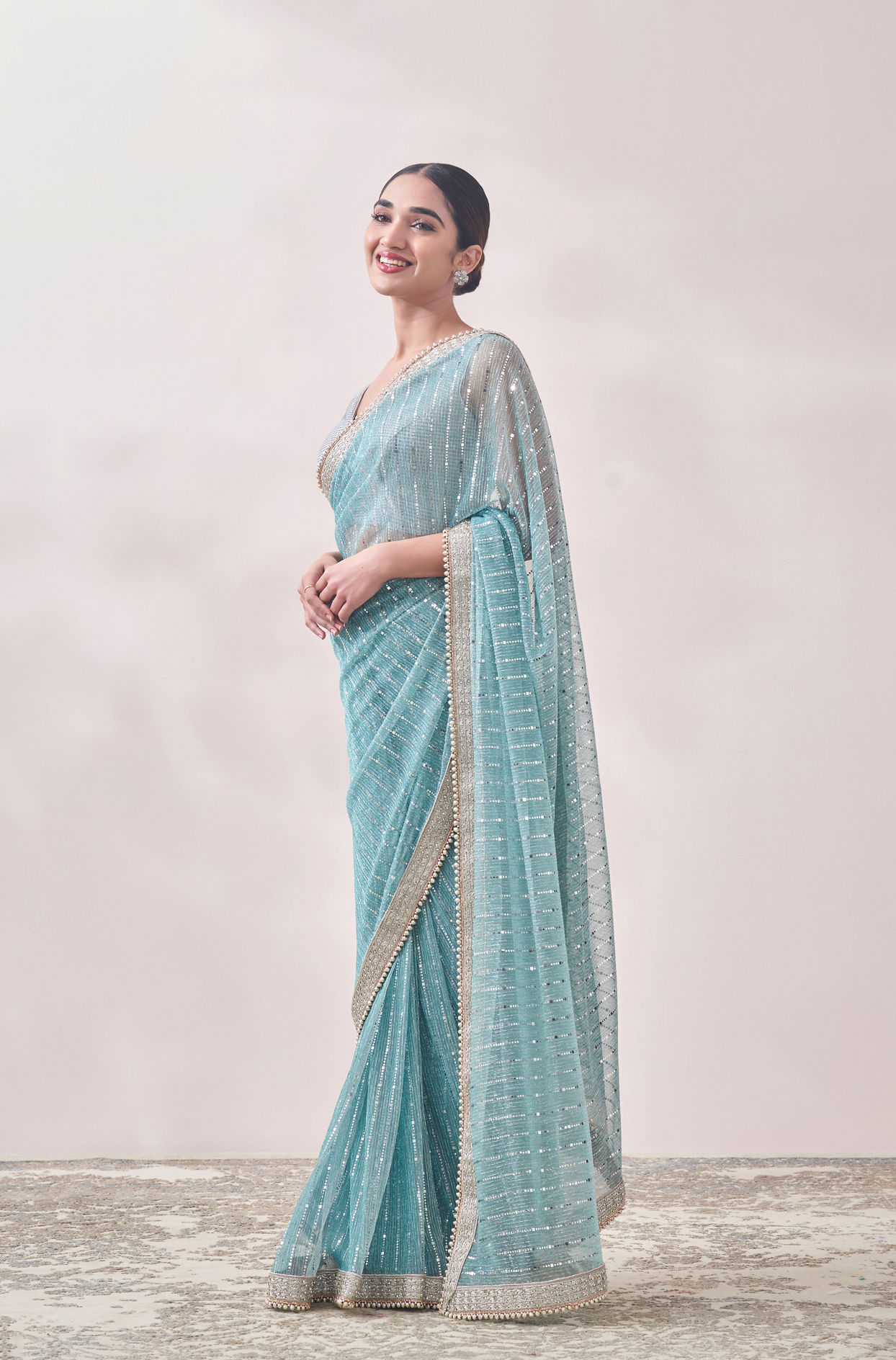 Aqua Blue Mirror work Saree image number 3