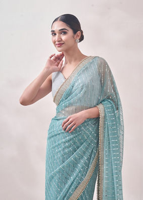 alt message - Mohey Women Aqua Blue Mirror work Saree image number 1