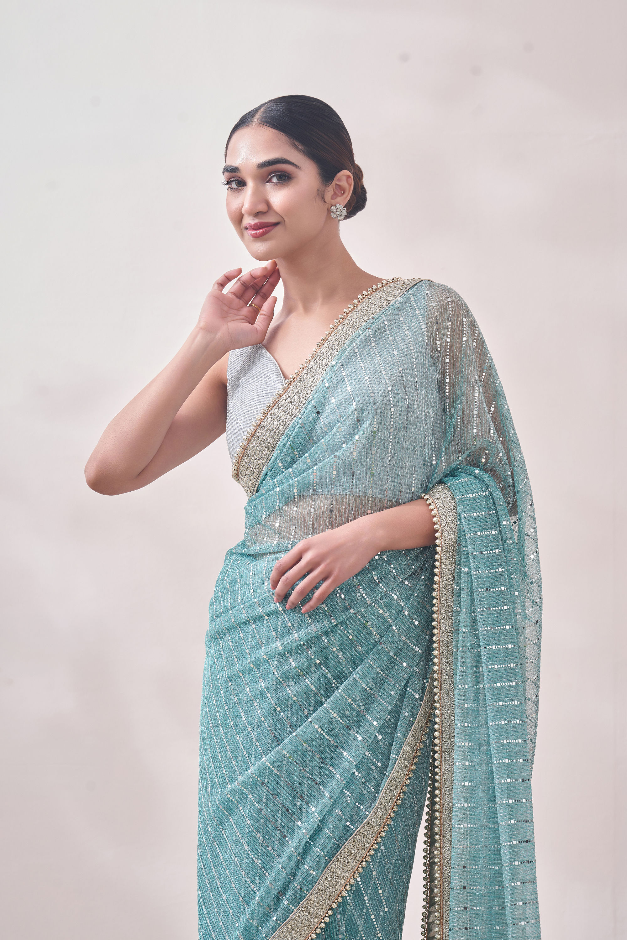 Mohey Women Aqua Blue Mirror work Saree