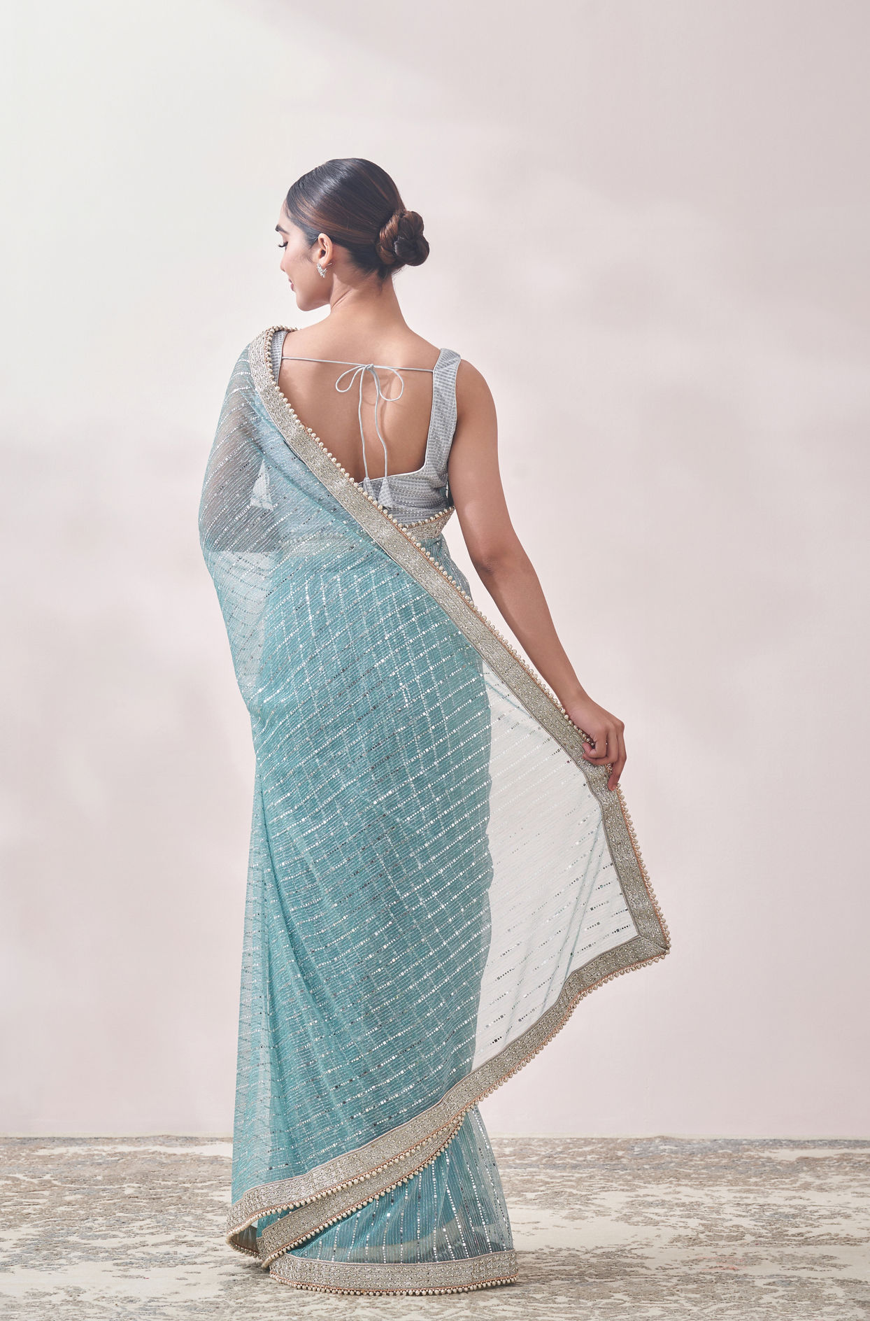 Aqua Blue Mirror work Saree image number 2