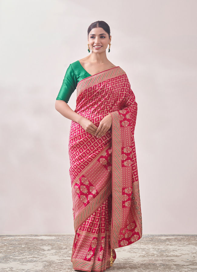 Dark Pink Zari Embroidered Saree image number 0