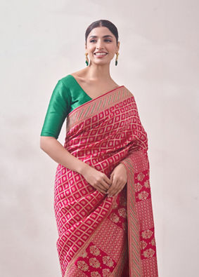 Dark Pink Zari Embroidered Saree image number 1
