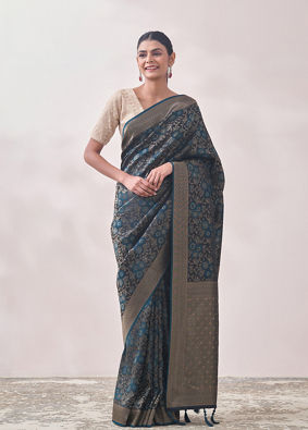 Teal Blue Floral Print Saree image number 0