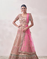 Mohey Women Veiled Rose Pink Floral Art Nouveau Patterned Bridal Lehenga