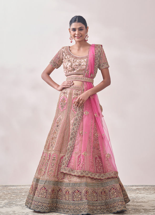 Veiled Rose Pink Floral Art Nouveau Patterned Bridal Lehenga image number 0