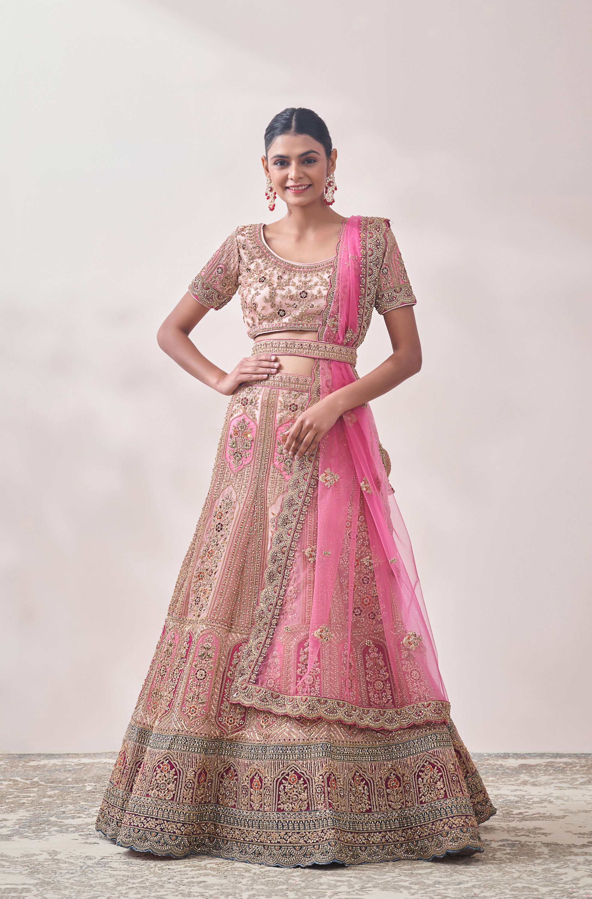 Mohey Women Veiled Rose Pink Floral Art Nouveau Patterned Bridal Lehenga