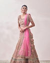 Mohey Women Veiled Rose Pink Floral Art Nouveau Patterned Bridal Lehenga