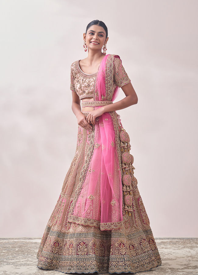 Veiled Rose Pink Floral Art Nouveau Patterned Bridal Lehenga image number 2