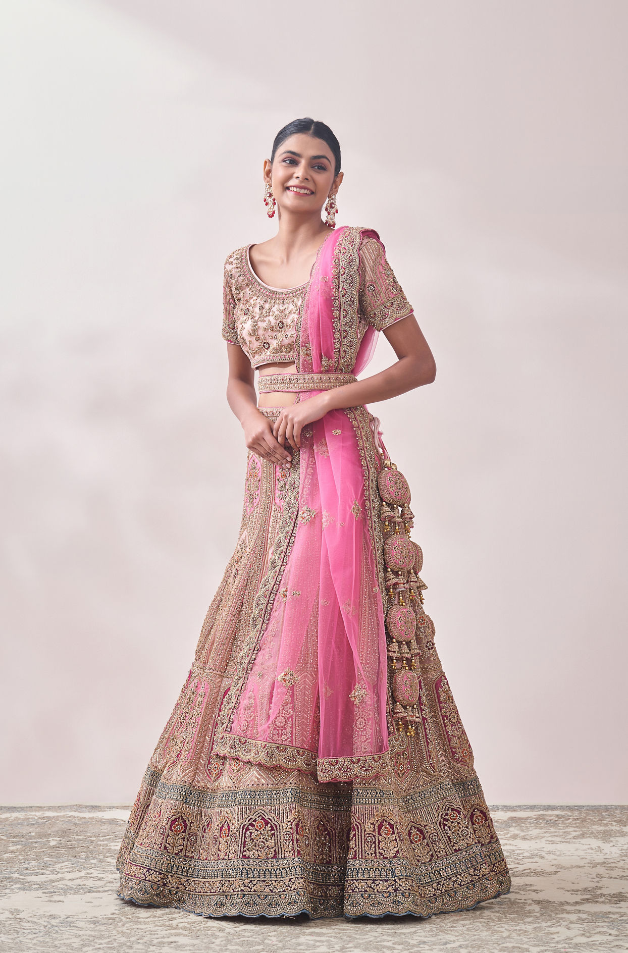 Mohey Women Veiled Rose Pink Floral Art Nouveau Patterned Bridal Lehenga