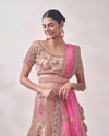 Mohey Women Veiled Rose Pink Floral Art Nouveau Patterned Bridal Lehenga