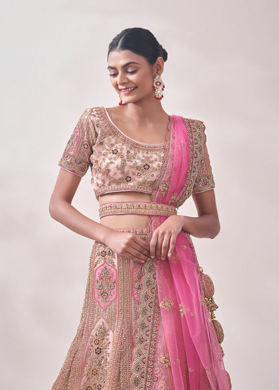 Mohey Women Veiled Rose Pink Floral Art Nouveau Patterned Bridal Lehenga
