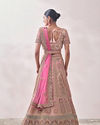 Mohey Women Veiled Rose Pink Floral Art Nouveau Patterned Bridal Lehenga