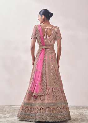 Veiled Rose Pink Floral Art Nouveau Patterned Bridal Lehenga image number 3