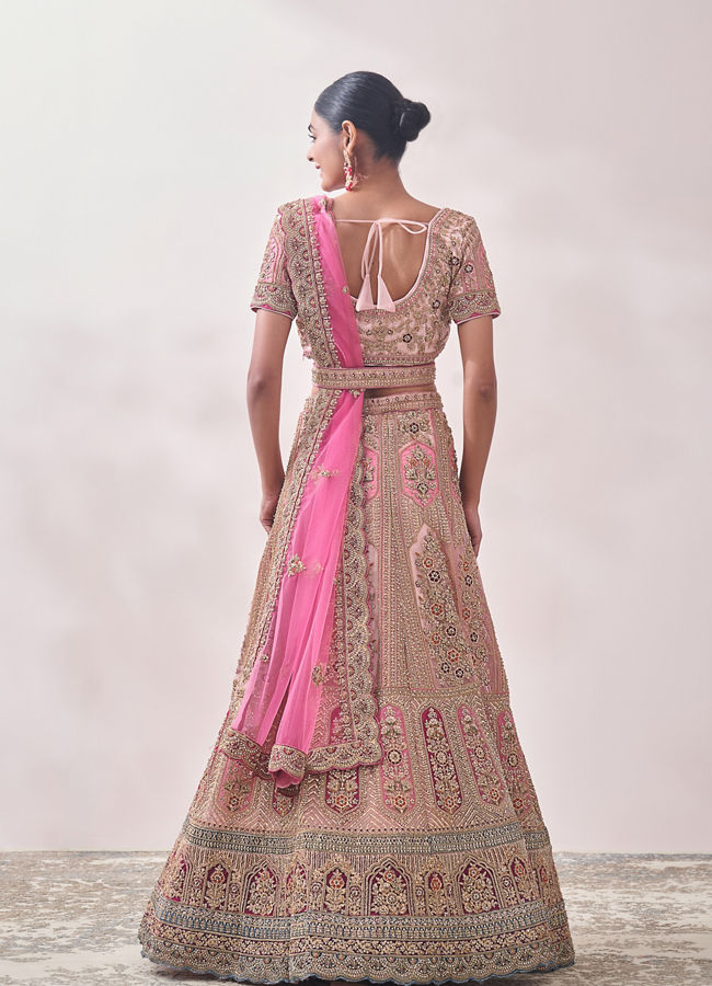Mohey Women Veiled Rose Pink Floral Art Nouveau Patterned Bridal Lehenga