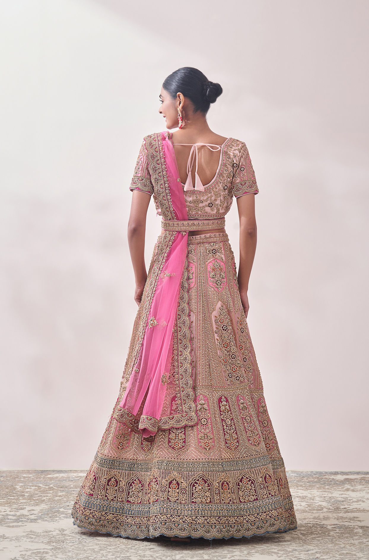 Mohey Women Veiled Rose Pink Floral Art Nouveau Patterned Bridal Lehenga