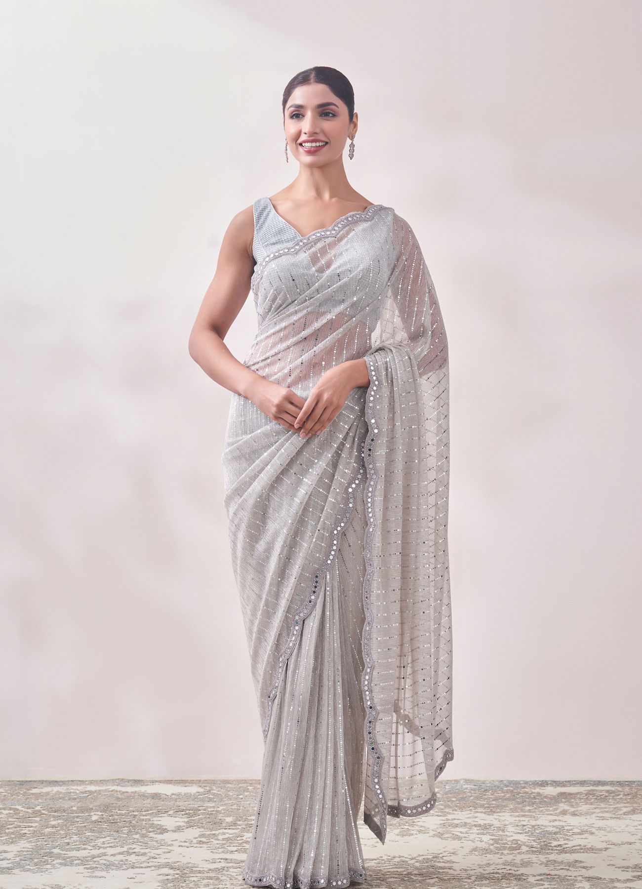 Mohey Women Smoke Grey Mirror Work Saree