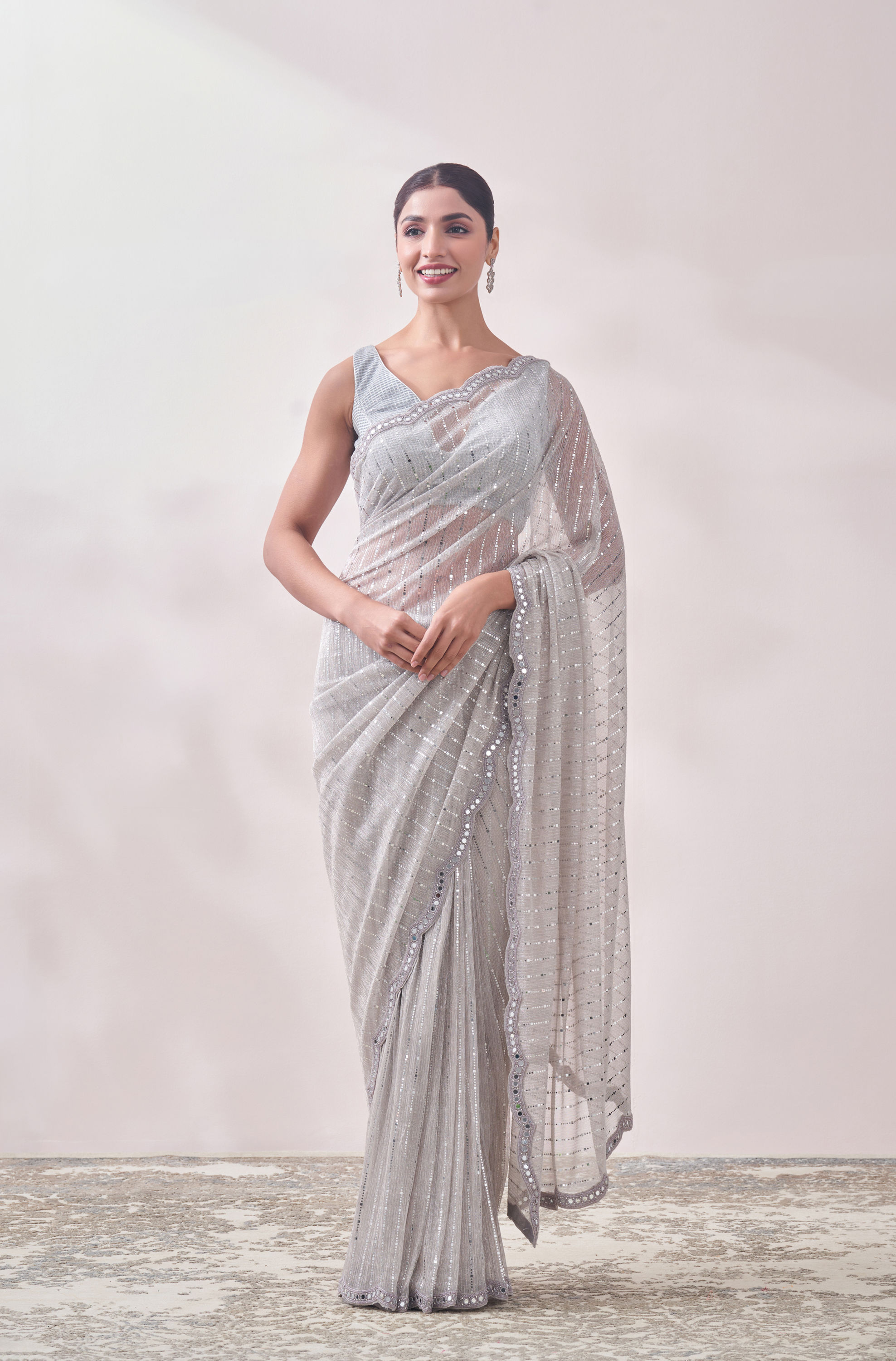 Mohey Women Smoke Grey Mirror Work Saree