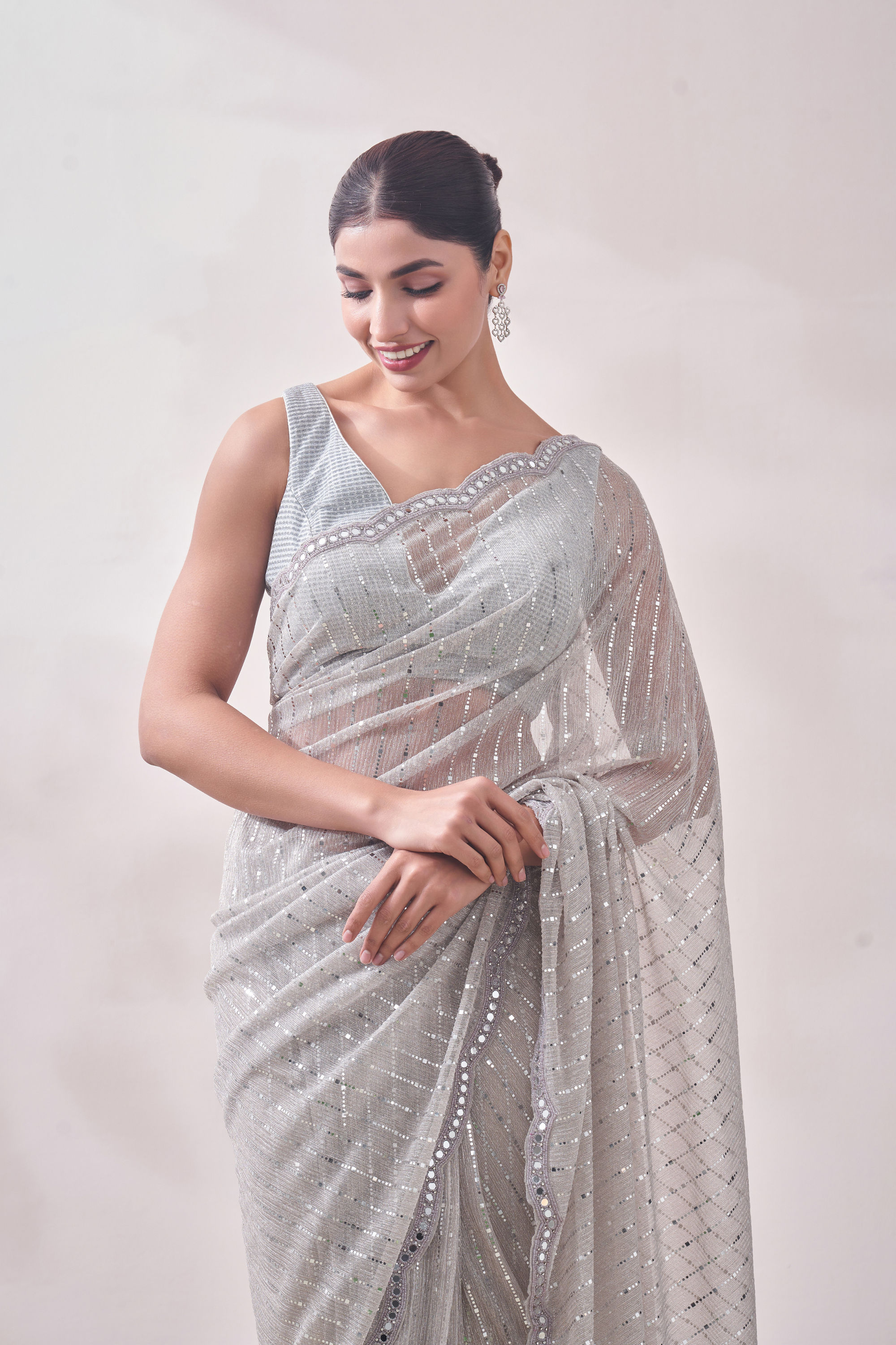 Mohey Women Smoke Grey Mirror Work Saree