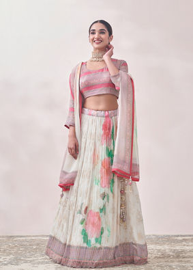 Floral Cream and Pink Patterned Lehenga image number 0