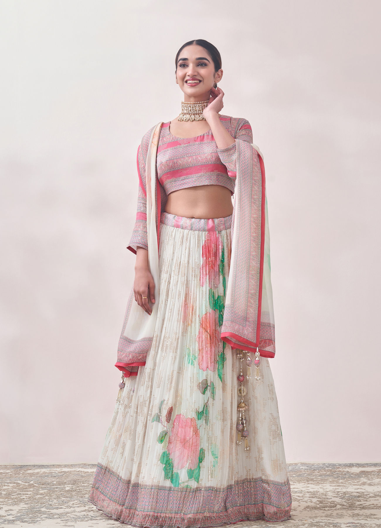 Mohey Women Floral Cream and Pink Patterned Lehenga