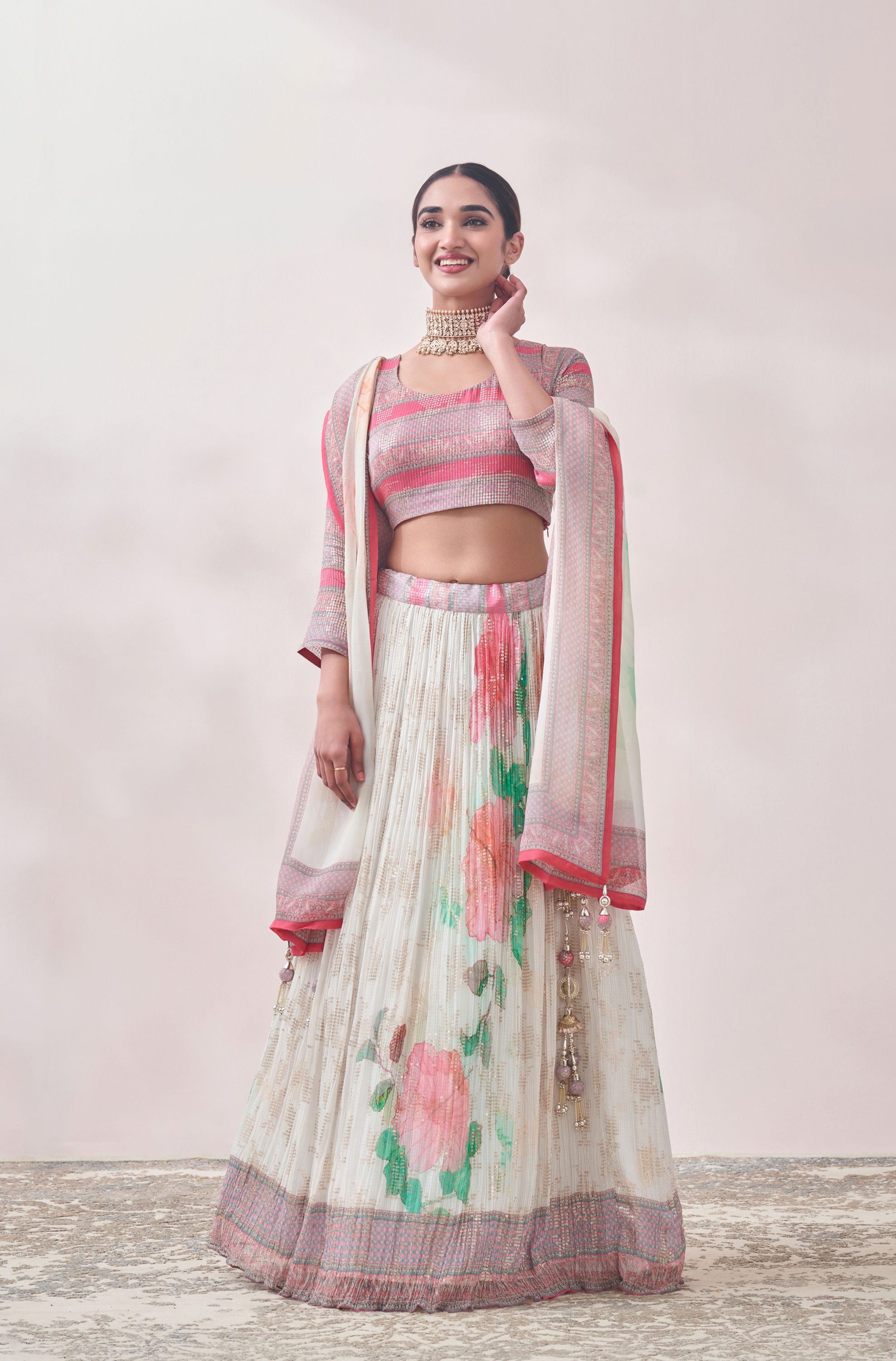 Mohey Women Floral Cream and Pink Patterned Lehenga