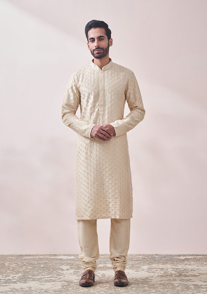 Twamev Men Fancy Beige Self Design Kurta Set