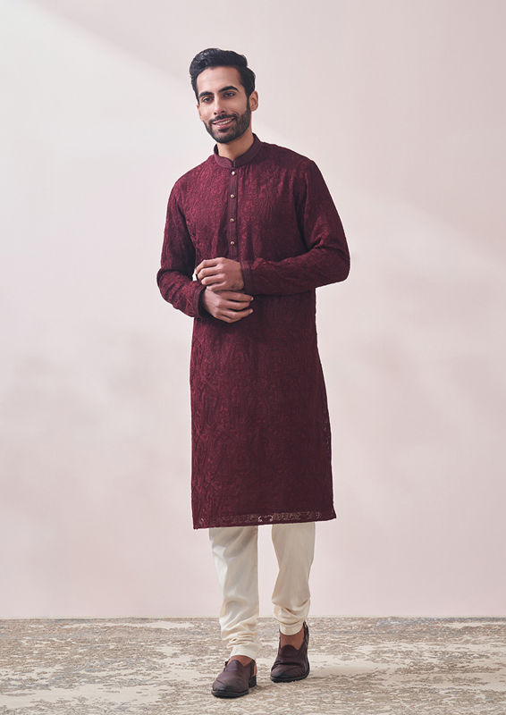 alt message - Twamev Men Berry Wine Kurta Set image number 1