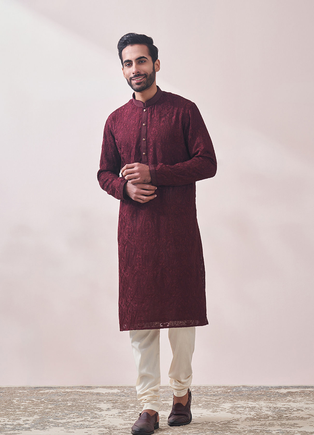 Twamev Men Berry Wine Kurta Set
