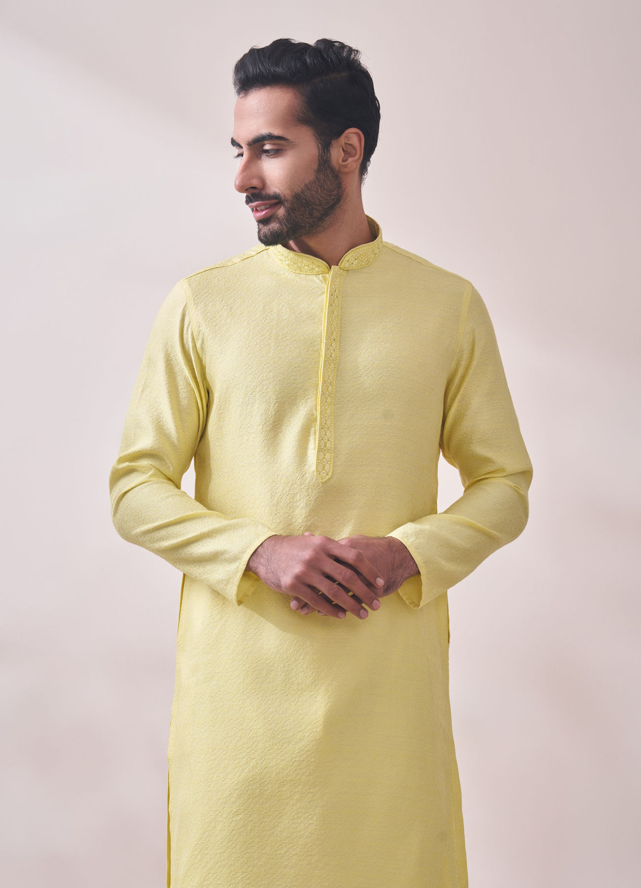 Manyavar Men Splashy Yellow Jacquard Kurta Set