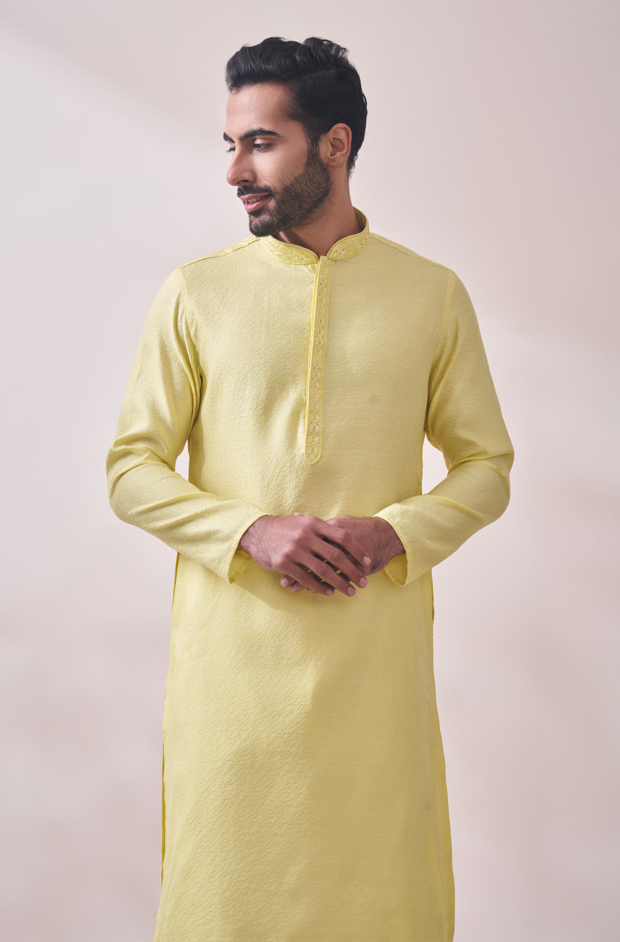 Manyavar Men Splashy Yellow Jacquard Kurta Set