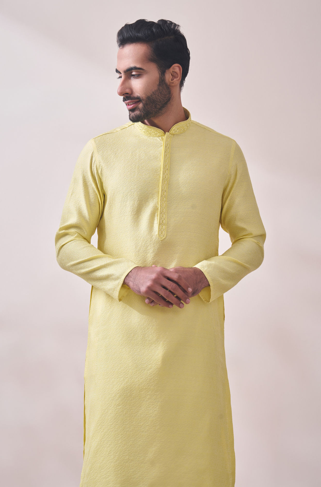 Manyavar Men Splashy Yellow Jacquard Kurta Set