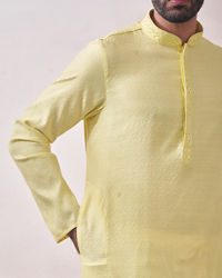 Manyavar Men Splashy Yellow Jacquard Kurta Set