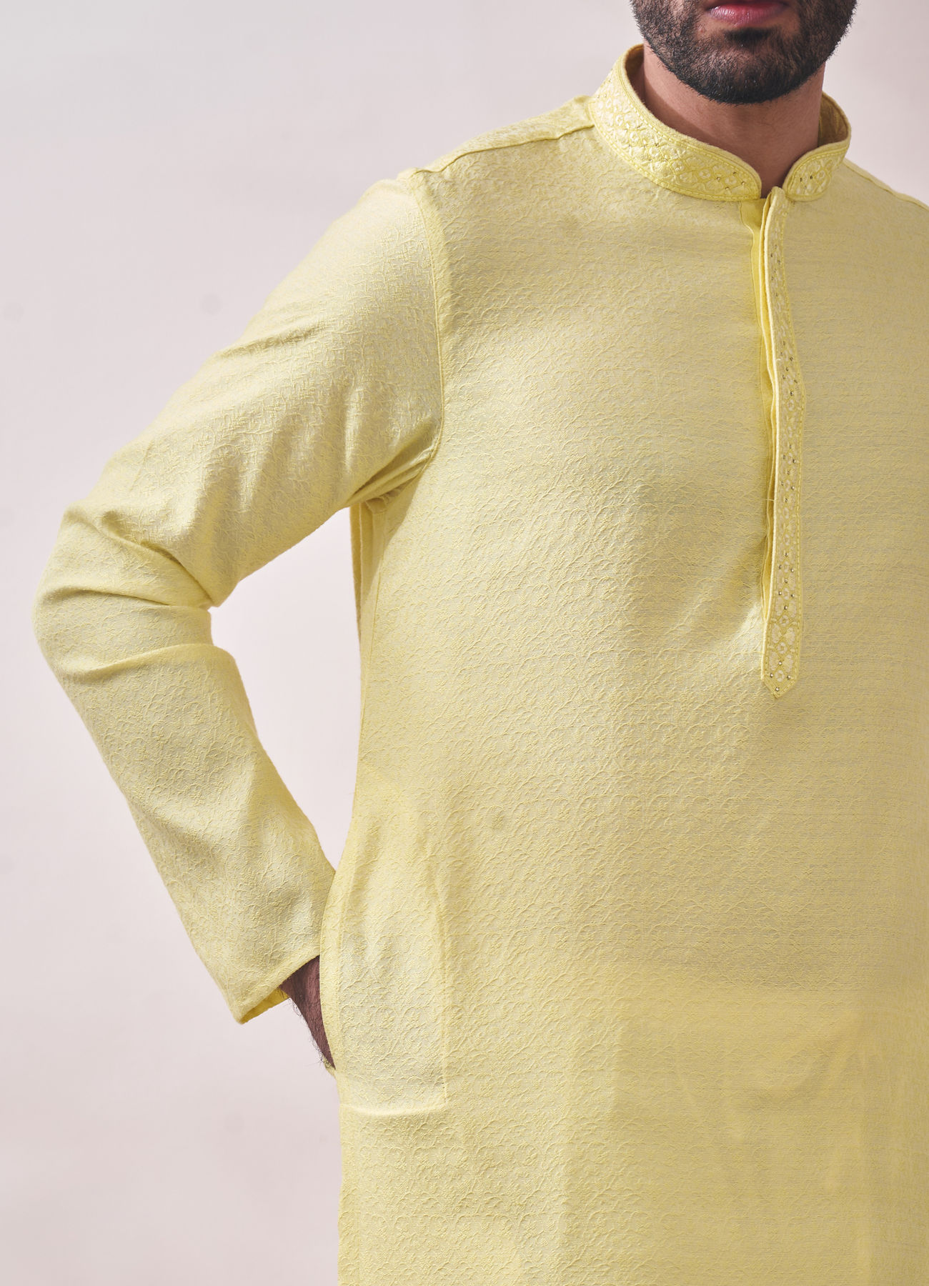 Manyavar Men Splashy Yellow Jacquard Kurta Set