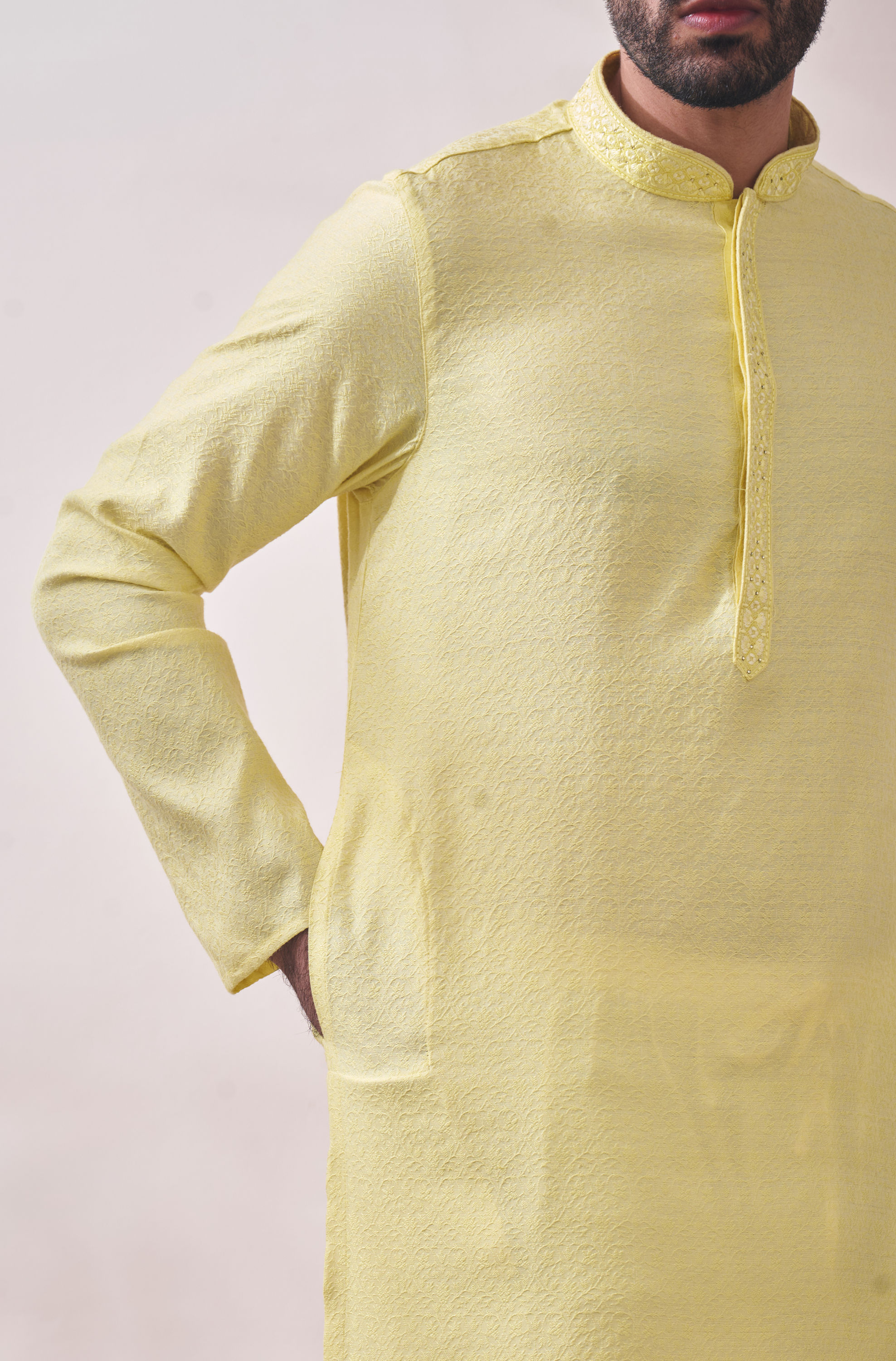 Manyavar Men Splashy Yellow Jacquard Kurta Set