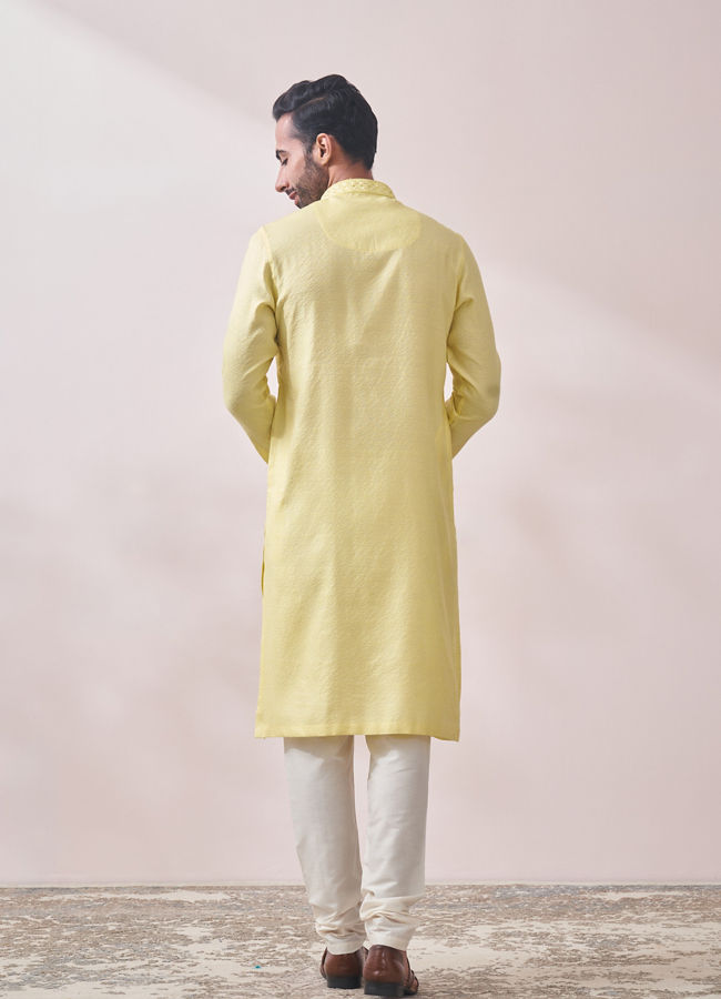 Manyavar Men Splashy Yellow Jacquard Kurta Set