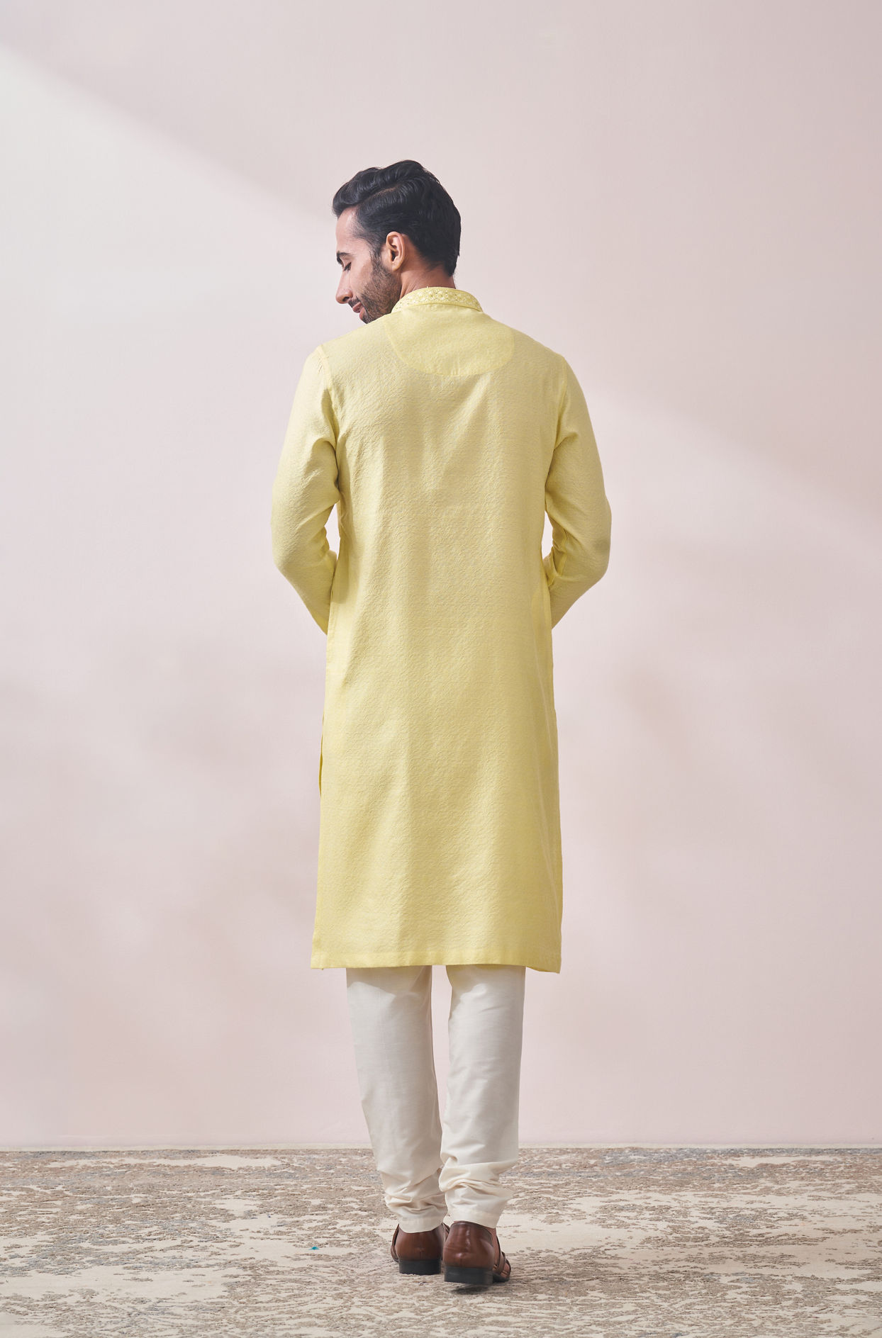 Manyavar Men Splashy Yellow Jacquard Kurta Set